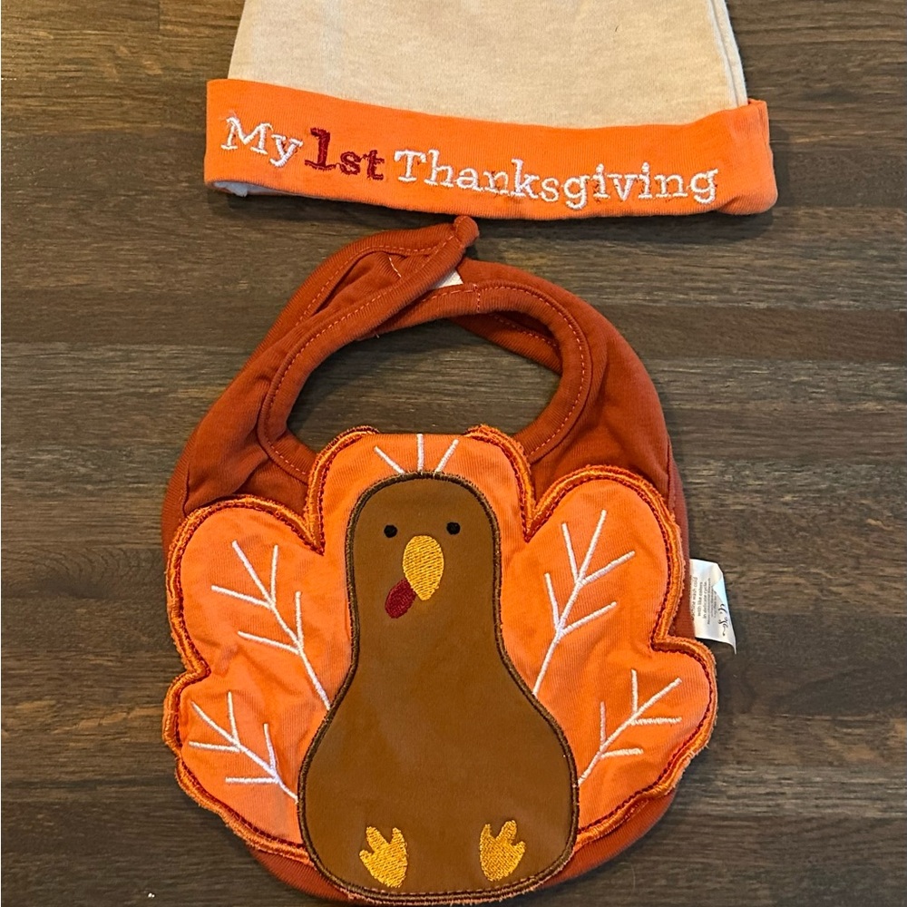 First Thanksgiving Turkey Bib, Booties, and Hat Set EUC